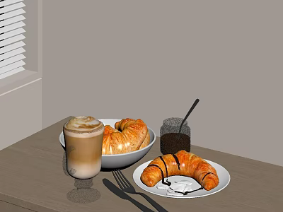 Latte Coffee And Croissants On Breakfast Table With Jam And Utensils 3d model