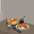 Latte Coffee And Croissants On Breakfast Table With Jam And Utensils 3d model