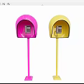 Pink And Yellow Telephone Booths With Open Design And Public Phone Equipment