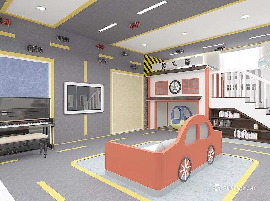 Cartoon Themed Kids Playroom With Orange Car Bed Piano Bookshelf And Staircase 3d model 