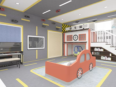 Cartoon Themed Kids Playroom With Orange Car Bed Piano Bookshelf And Staircase 3d model