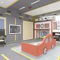 Cartoon Themed Kids Playroom With Orange Car Bed Piano Bookshelf And Staircase
