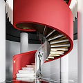 Red Modern Spiral Staircase With Curved Structure And White Steps In Interior Space