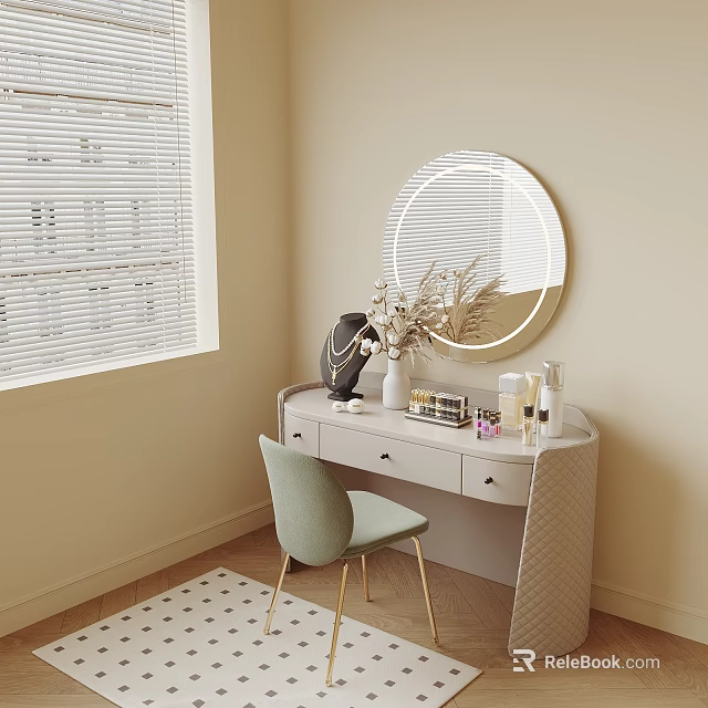 Modern Dressing Table with Round Backlit Mirror Light Green Chair and Decorations by Window 3d model