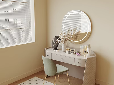 Modern Dressing Table with Round Backlit Mirror Light Green Chair and Decorations by Window 3d model