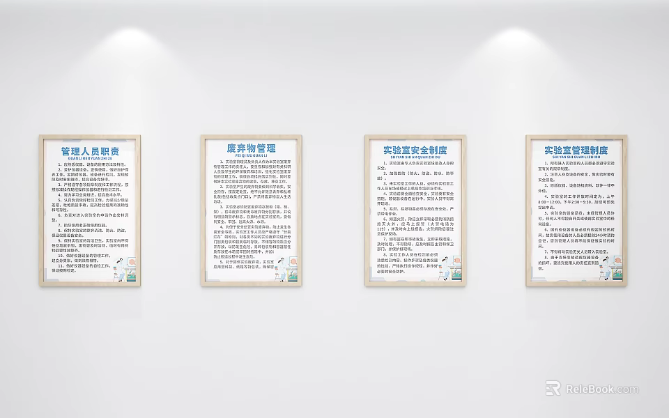Four Management System Publicity Posters Hanging on White Wall with Text Content 3d model 