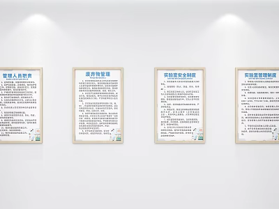 Four Management System Publicity Posters Hanging on White Wall with Text Content 3d model