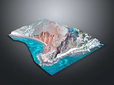 3D Coastal Terrain Model With Mountain Blue Water Sandy Beach And Buildings 3d model