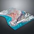 3D Coastal Terrain Model With Mountain Blue Water Sandy Beach And Buildings