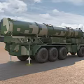 Camouflage Green Military Vehicle With Missile Launch System And Multiple Wheels On Desert Terrain