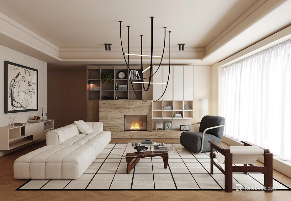 Modern Living Room Interior With White Sofa Fireplace Bookshelves Chandelier And Floor To Ceiling Windows 3d model 