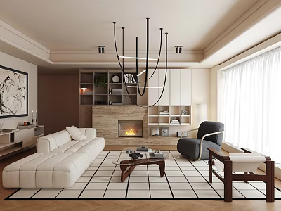 Modern Living Room Interior With White Sofa Fireplace Bookshelves Chandelier And Floor To Ceiling Windows 3d model