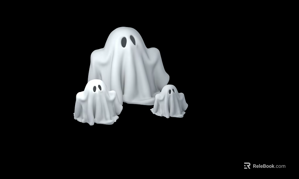 Cute White Ghost Dolls With Large And Two Small Sizes On Black Background 3d model 