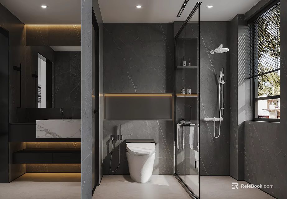 Modern Bathroom With Dark Marble Glass Shower Enclosure Wall-Hung Toilet Recessed Lighting And Vanity Mirror 3d model 
