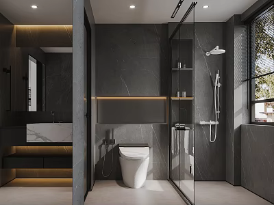 Modern Bathroom With Dark Marble Glass Shower Enclosure Wall-Hung Toilet Recessed Lighting And Vanity Mirror 3d model