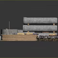 Various Construction Materials Display Featuring Concrete Pipes Wooden Crates And Timber Planks