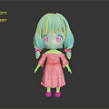 Cartoon Doll With Turquoise Pigtails Pink Dress And Big Eyes On Dark Background