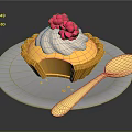 Delicious Yellow Pie With White Cream Pink Raspberries On White Plate And Golden Spoon