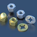 Assorted Metallic Fasteners Featuring Gold Silver Hex Nuts Domed Nuts And Washers