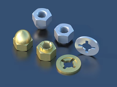 Assorted Metallic Fasteners Featuring Gold Silver Hex Nuts Domed Nuts And Washers 3d model