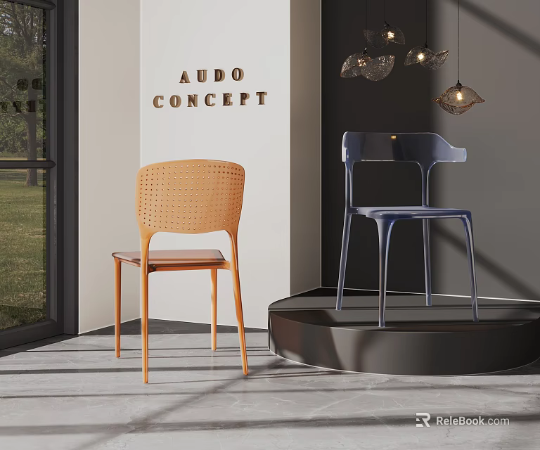 AUDO CONCEPT Leisure Chairs With Rattan Backrest Light Brown And Deep Blue Indoor Platform 3d model 