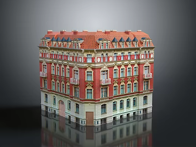 European Style Red And Beige Building With Red Roof Ornate Windows And Decorative Details 3d model