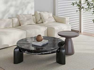 Modern Black Marble Coffee Table With Cylindrical Base Light Sofa And Pillows In Living Room 3d model
