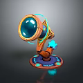 Vibrant Observation Equipment With Circular Glowing Blue Lens Orange Mechanical Arm And Decorative Base