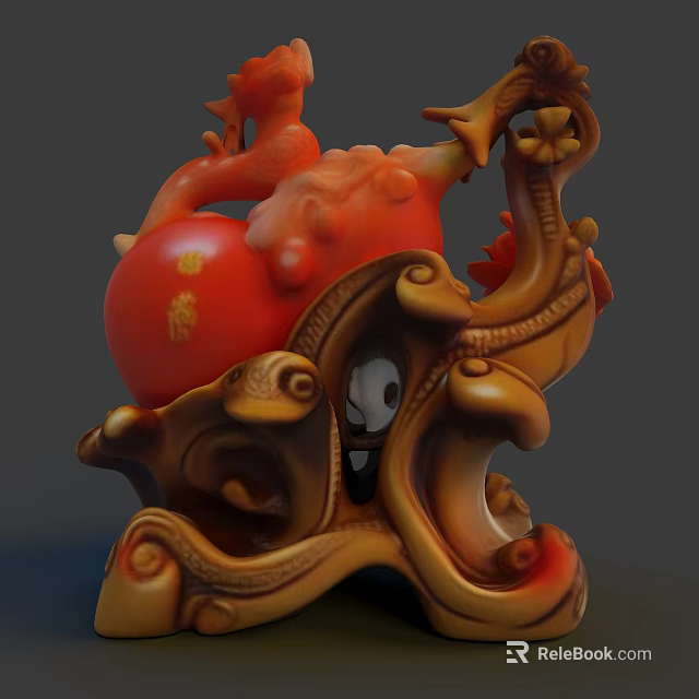Traditional Red Dragon Sculpture Carving With Gourd Shape Intricate Base And Golden Characters 3d model 