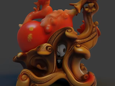 Traditional Red Dragon Sculpture Carving With Gourd Shape Intricate Base And Golden Characters 3d model