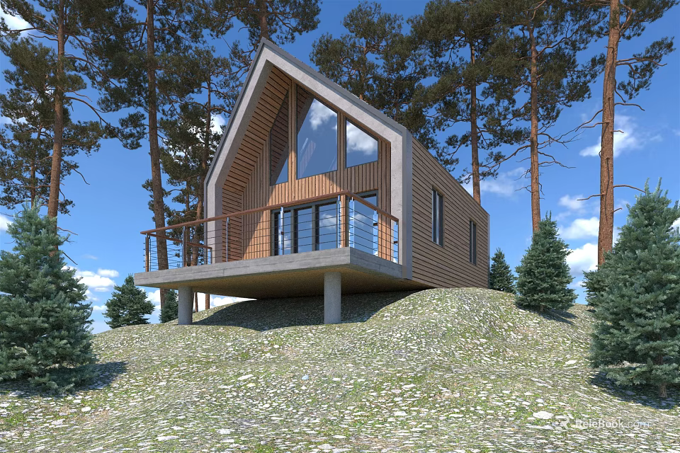 Modern Wooden Cabin On Forest Hillside With Large Glass Windows And Balcony Railing 3d model 