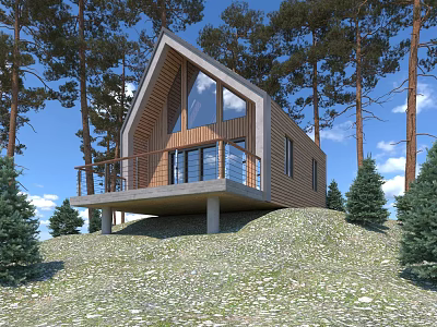 Modern Wooden Cabin On Forest Hillside With Large Glass Windows And Balcony Railing 3d model