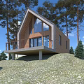 Modern Wooden Cabin On Forest Hillside With Large Glass Windows And Balcony Railing