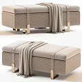 Modern Upholstered Ottoman With Knitted Throw Blanket And Textured Upholstery