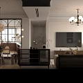 Living And Dining Room Interior With Beige Sofa Black White Geometric Rug Rocking Chair Chandelier