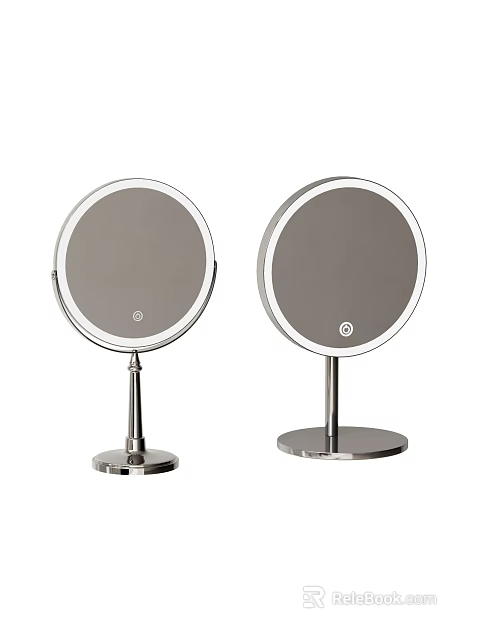 Two Round Lighted Vanity Mirrors With Silver Base And Stand Design 3d model