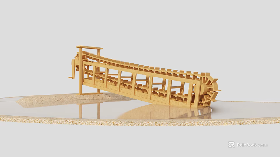 Wooden Garden Ornament Waterwheel Design With Reflective Water Surface And Outdoor Decor Elements 3d model 