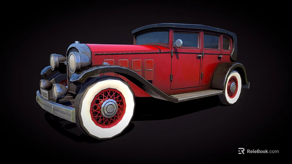 Vintage Red Classic Car Sedan Featuring White Wall Tires And Red Spoke Wheels 3d model 