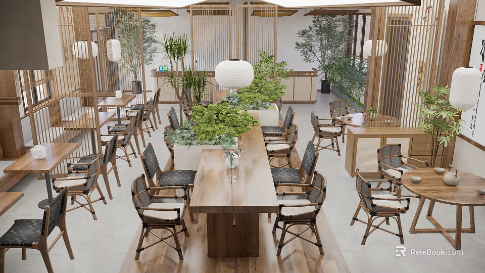 Traditional Tea House Interior With Wooden Structure Lanterns Green Plants Long Tables And Chairs 3d model 