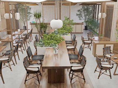 Traditional Tea House Interior With Wooden Structure Lanterns Green Plants Long Tables And Chairs 3d model