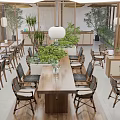 Traditional Tea House Interior With Wooden Structure Lanterns Green Plants Long Tables And Chairs