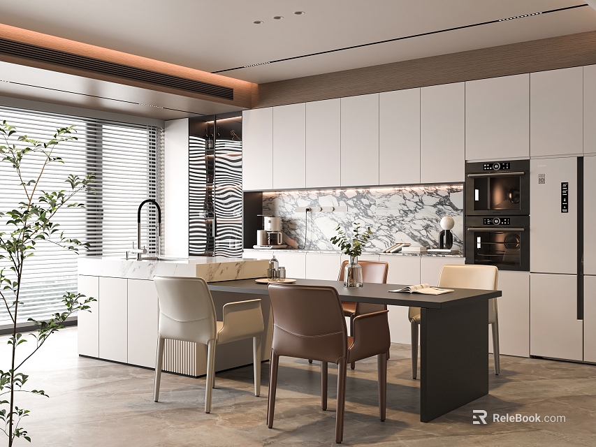 Modern Restaurant Kitchen Interior With White Cabinets Marble Countertops And Dining Chairs 3d model 