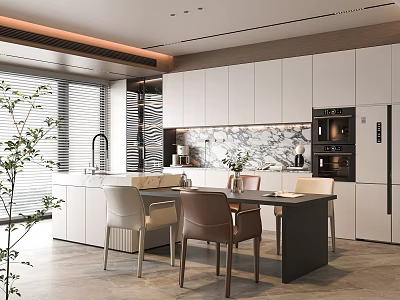 Modern Restaurant Kitchen Interior With White Cabinets Marble Countertops And Dining Chairs 3d model