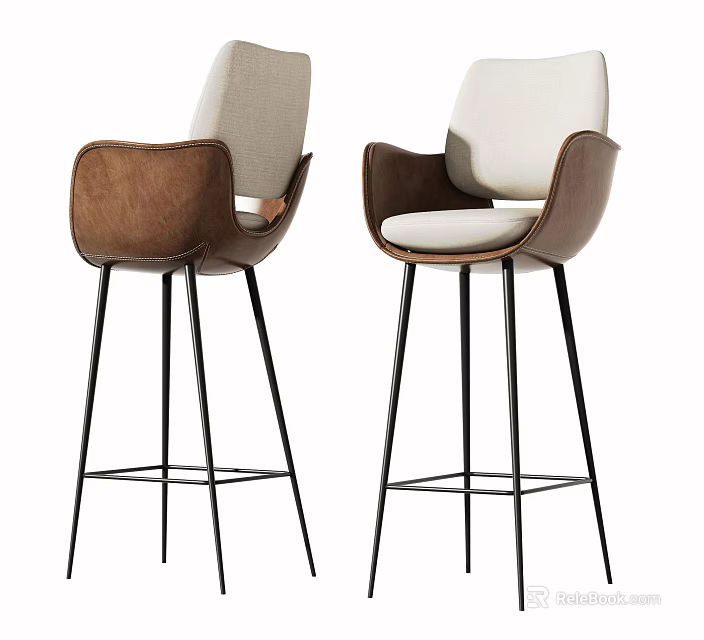 Modern Stylish Bar Stools With Armrest Leather Fabric Upholstery And Black Metal Frame 3d model 