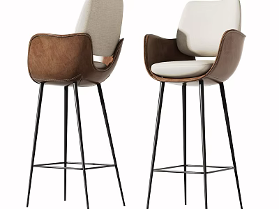 Modern Stylish Bar Stools With Armrest Leather Fabric Upholstery And Black Metal Frame 3d model