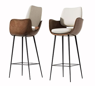 Modern Stylish Bar Stools With Armrest Leather Fabric Upholstery And Black Metal Frame 3d model