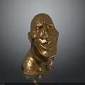 Golden Human Head Sculpture With Exaggerated Smile And Textured Surface On Dark Background