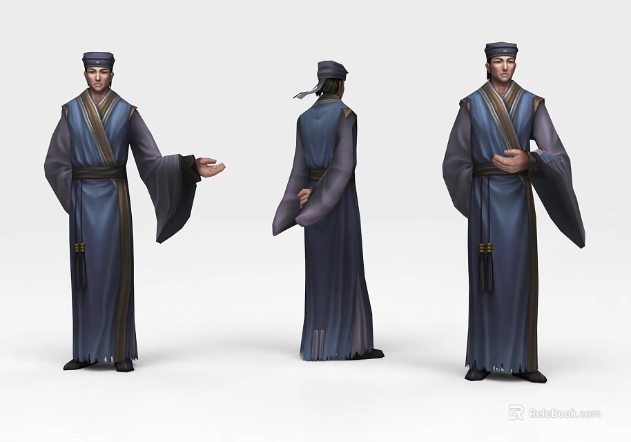 Ancient Game Movie Character With Detailed Traditional Long Robe Hat And Three Angles 3d model 