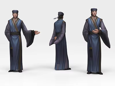 Ancient Game Movie Character With Detailed Traditional Long Robe Hat And Three Angles 3d model