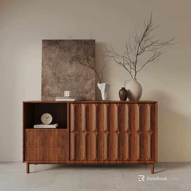 Stylish Wooden Entryway Cabinet Sideboard with Vases Dried Branches Artwork Clock and Books 3d model 